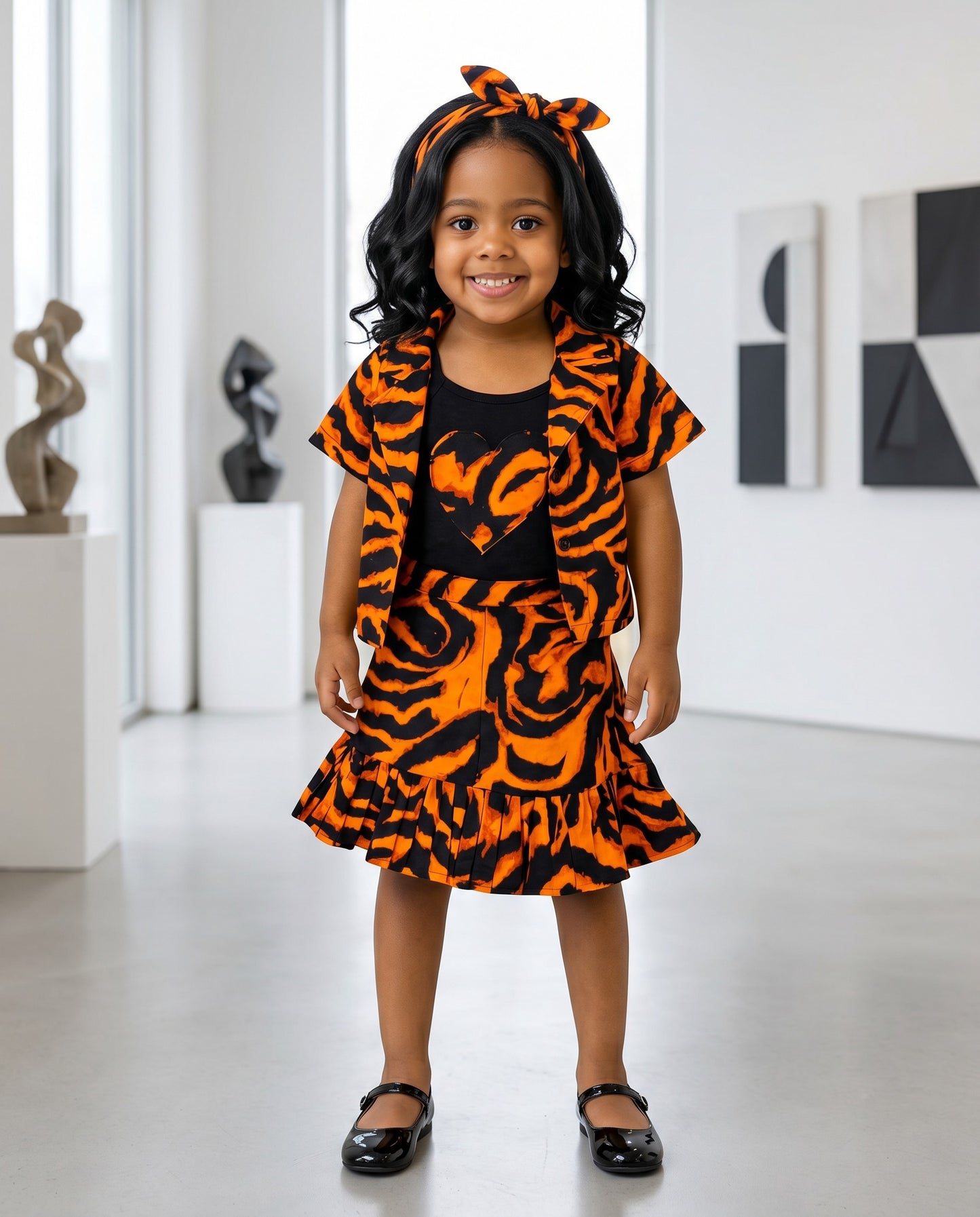 Girls 4-pcs Ankara Orange Tiger African Print Skirt Set