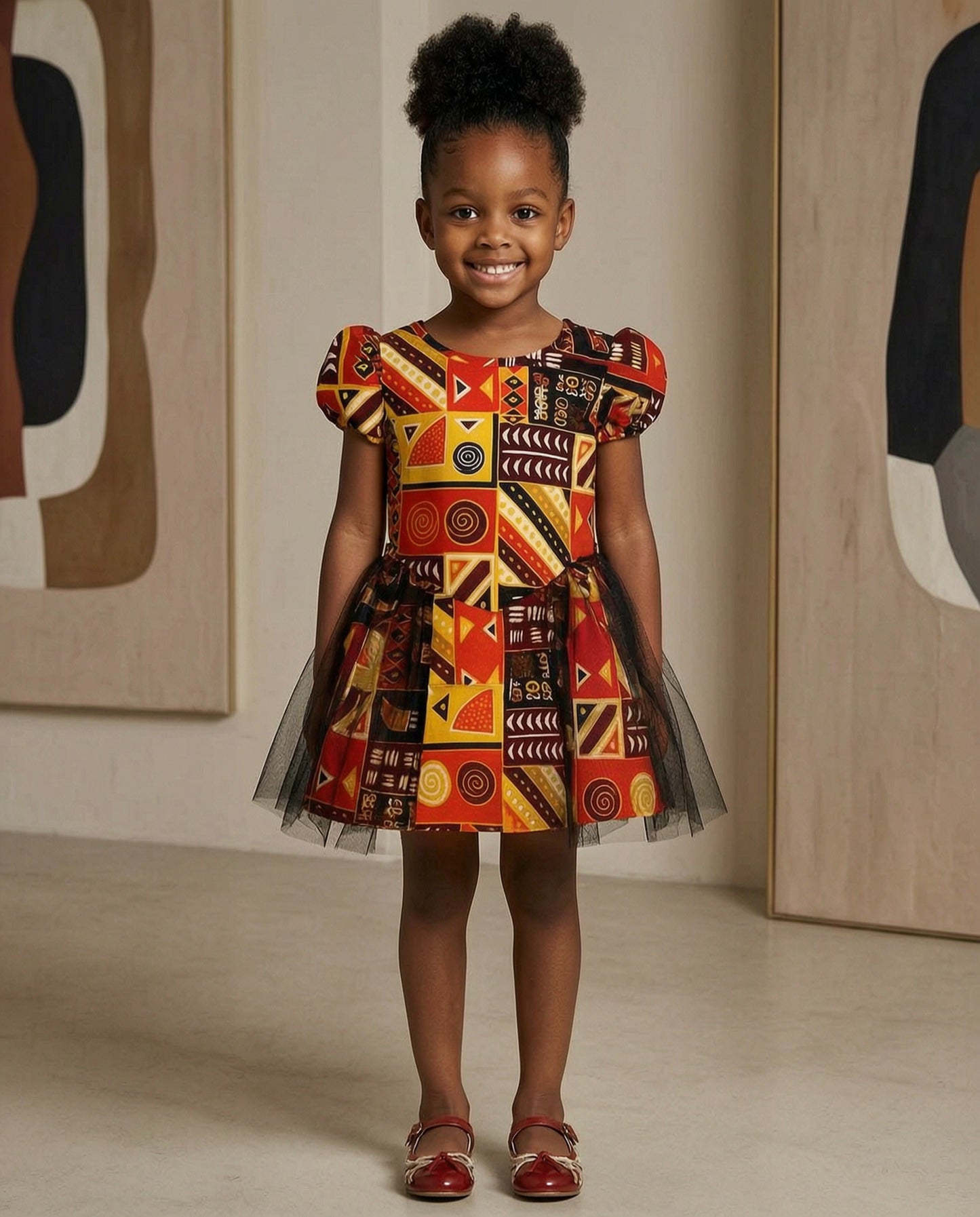 Girls Puff Sleeve Tulle Overlay African Print Dress (Ages 2–12)