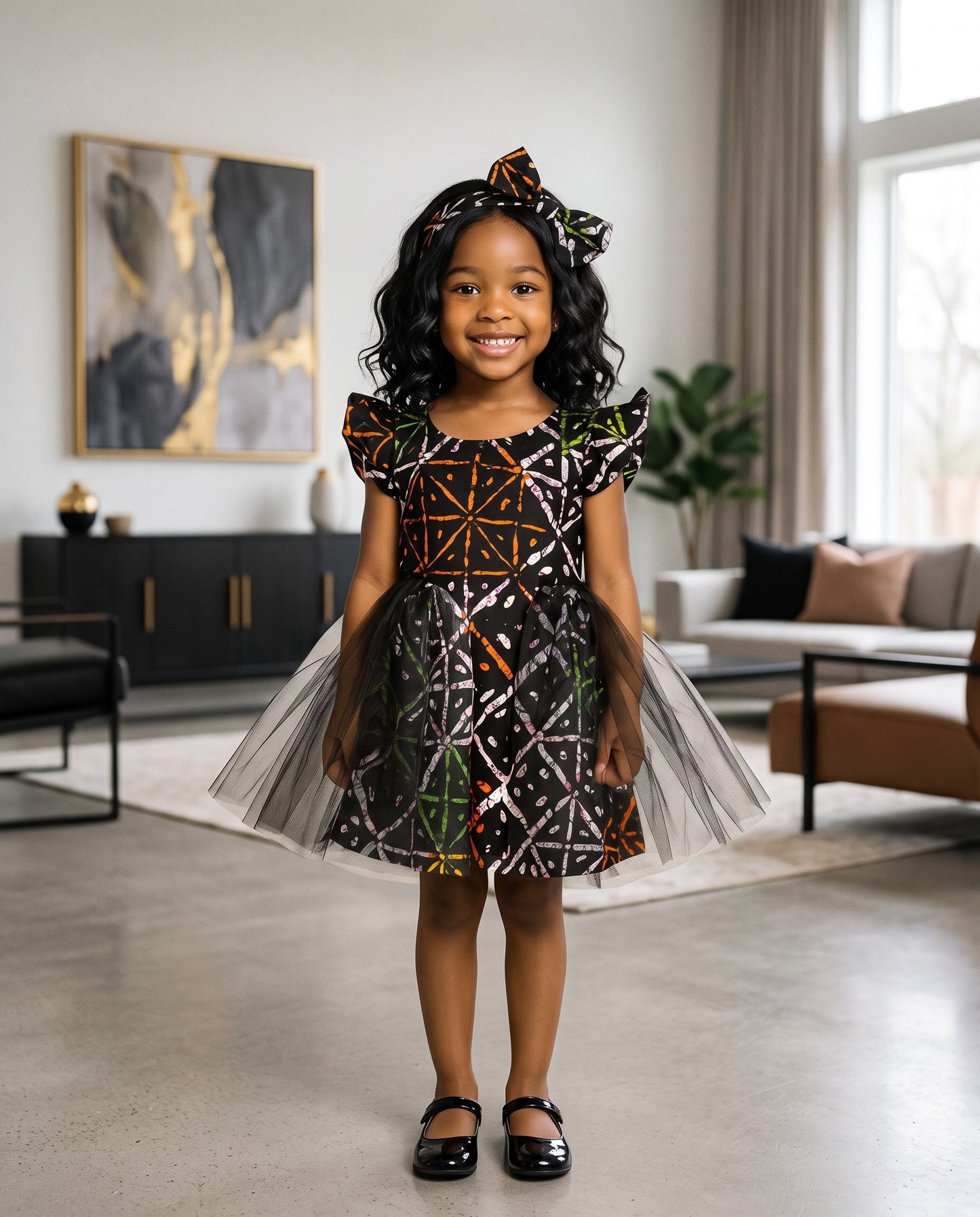 Girls Short Sleeve Tulle Overlay Fireworks African Print Dress (Ages 2–12)