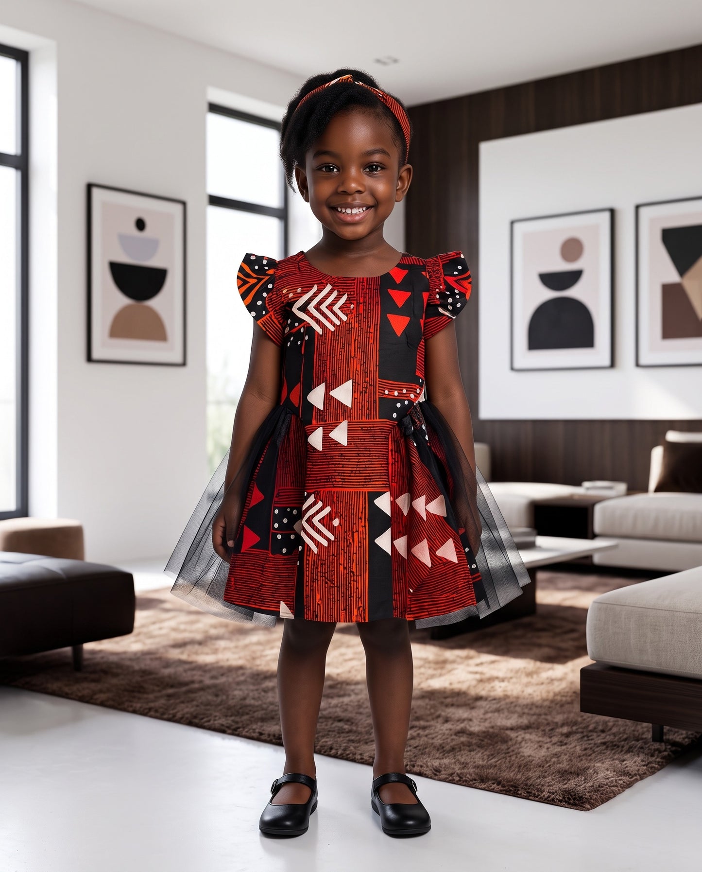 Girls Puff Sleeve Tulle Overlay Geometric African Print Dress (Ages 2–12)