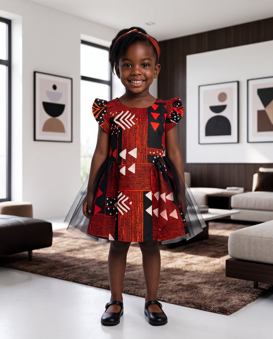 Girls Puff Sleeve Tulle Overlay Geometric African Print Dress (Ages 2–12)