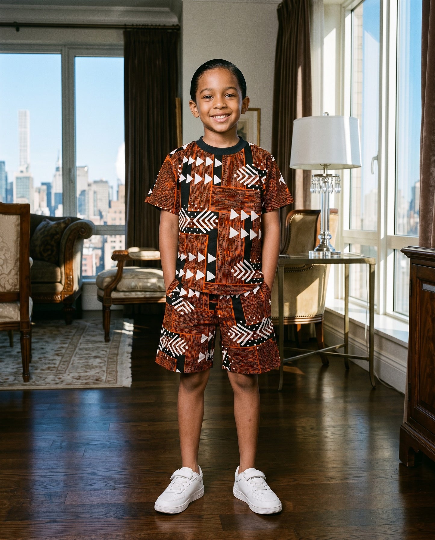 Boys Brown African Print Shorts Set