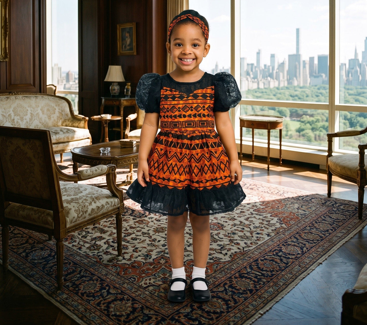 Girls Orange Puff Sleeve Tulle Overlay African Print Dress (Ages 2–12)