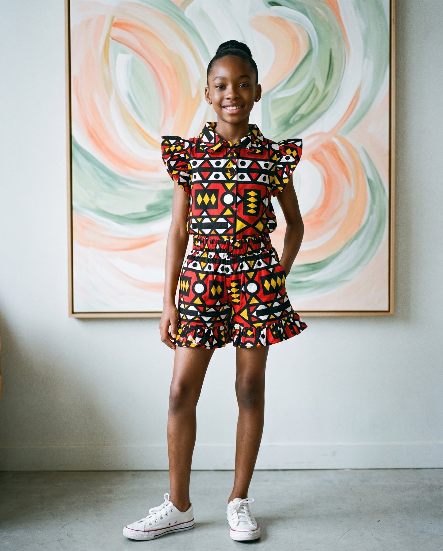 Girls Red African Print Ruffle Sleeve Shorts Set