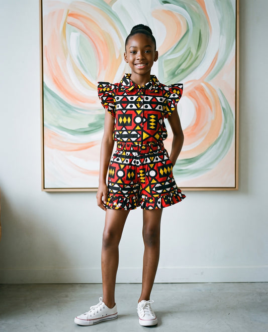 Girls Red African Print Ruffle Sleeve Shorts Set