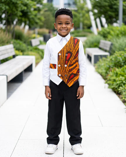 Boys African Orange Peacock Print Vests (Ages 2–14)