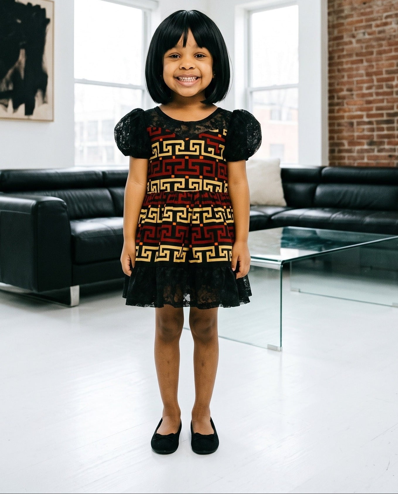 Girls Brown CreamPuff Sleeve Tulle Overlay African Print Dress (Ages 2–12)