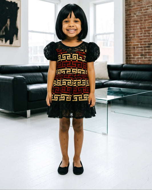 Girls Brown CreamPuff Sleeve Tulle Overlay African Print Dress (Ages 2–12)