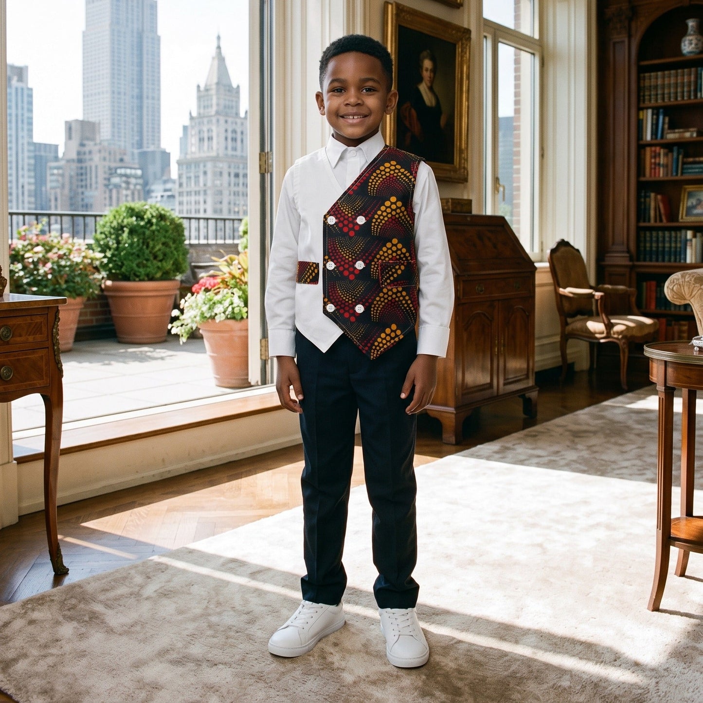 Young boy in a formal outfit standing in a room with a cityscape view