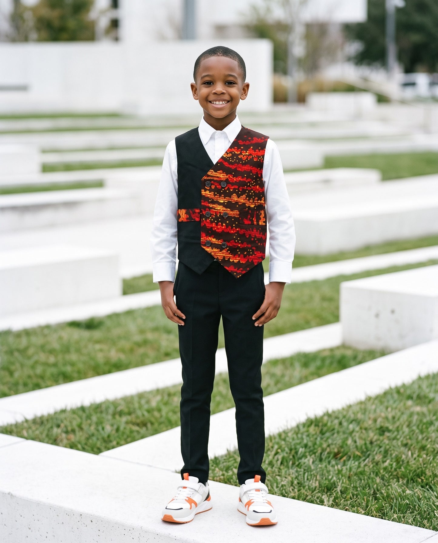 Boys African Red Orange Print Vests (Ages 2–14)