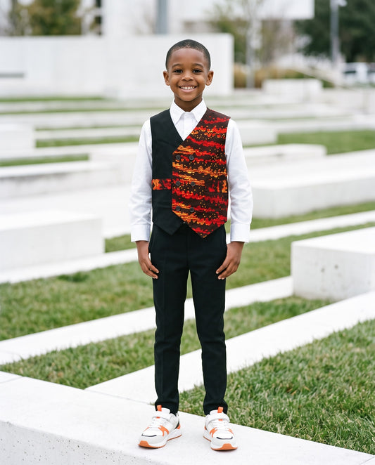 Boys African Red Orange Print Vests (Ages 2–14)