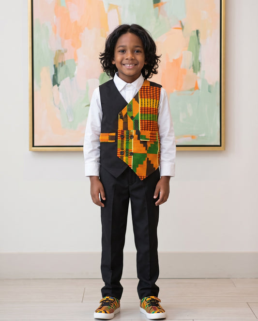 Boys African Orange Kente Print Vests (Ages 2–14)
