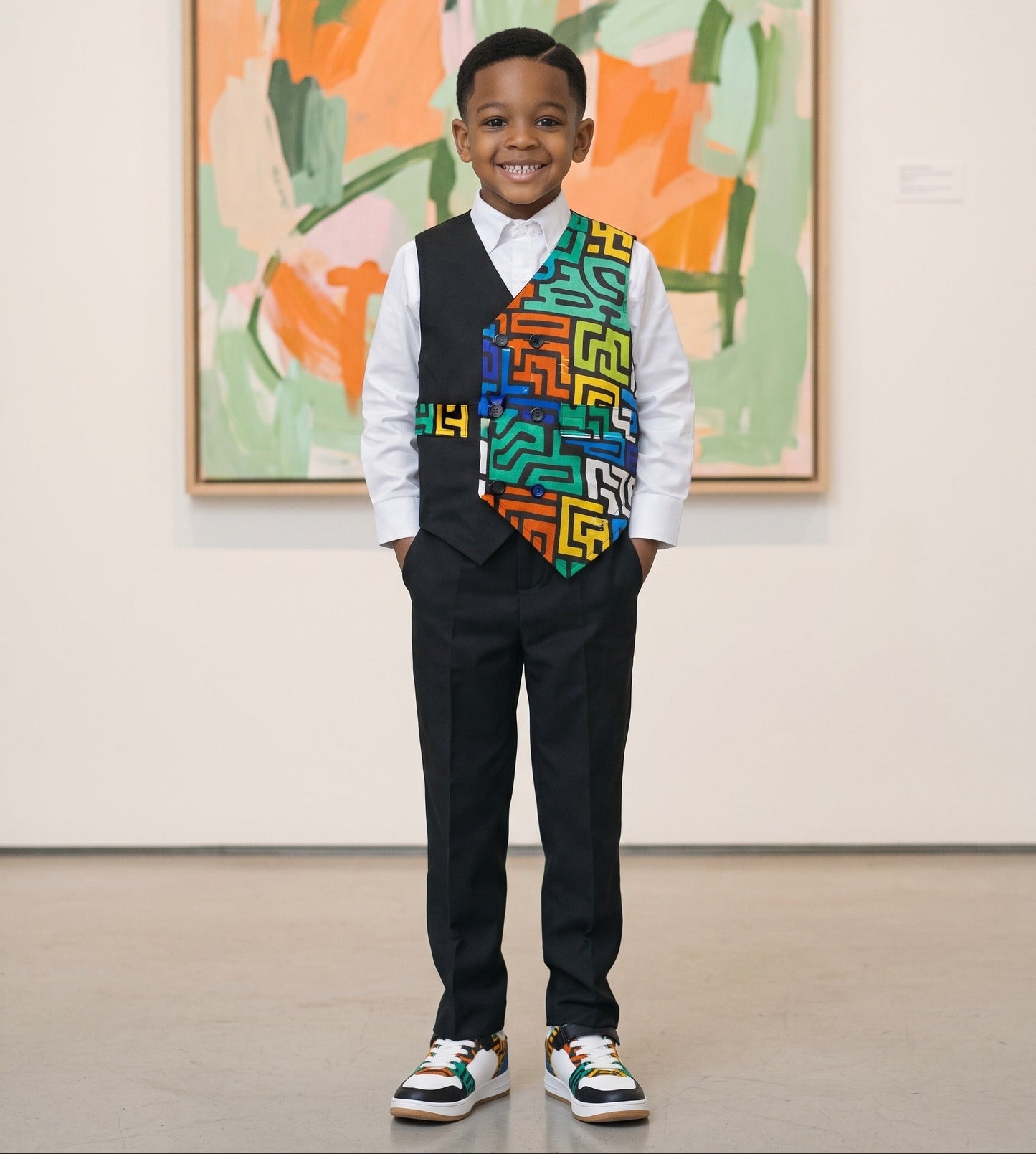 Child wearing a colorful geometric vest in an art gallery setting