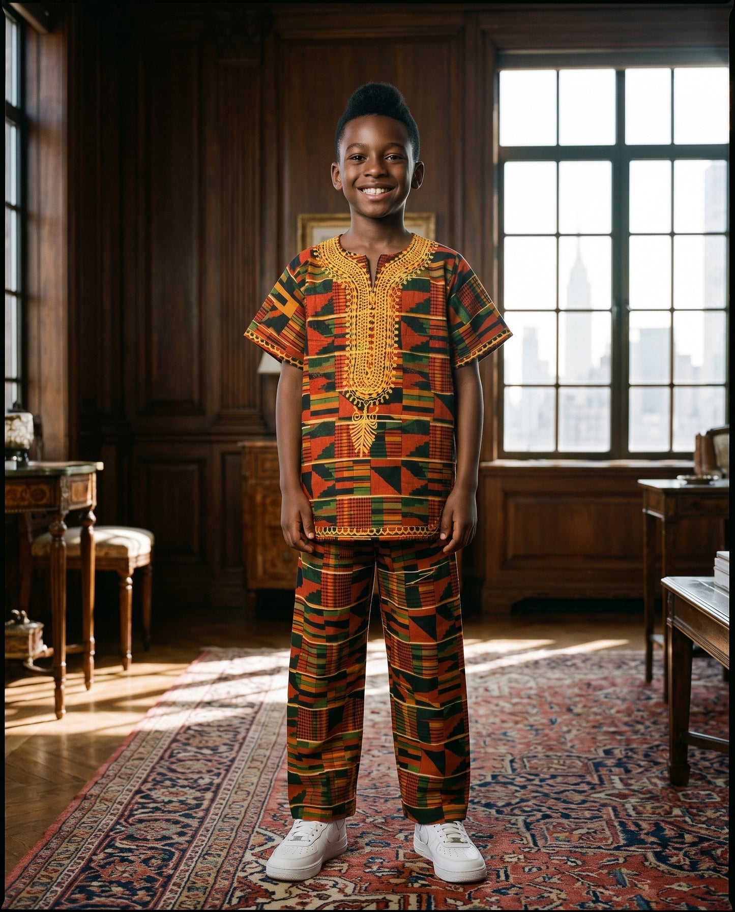 Boys Orange Kente African Print Shirt & Pants Set (Ages 2–14)