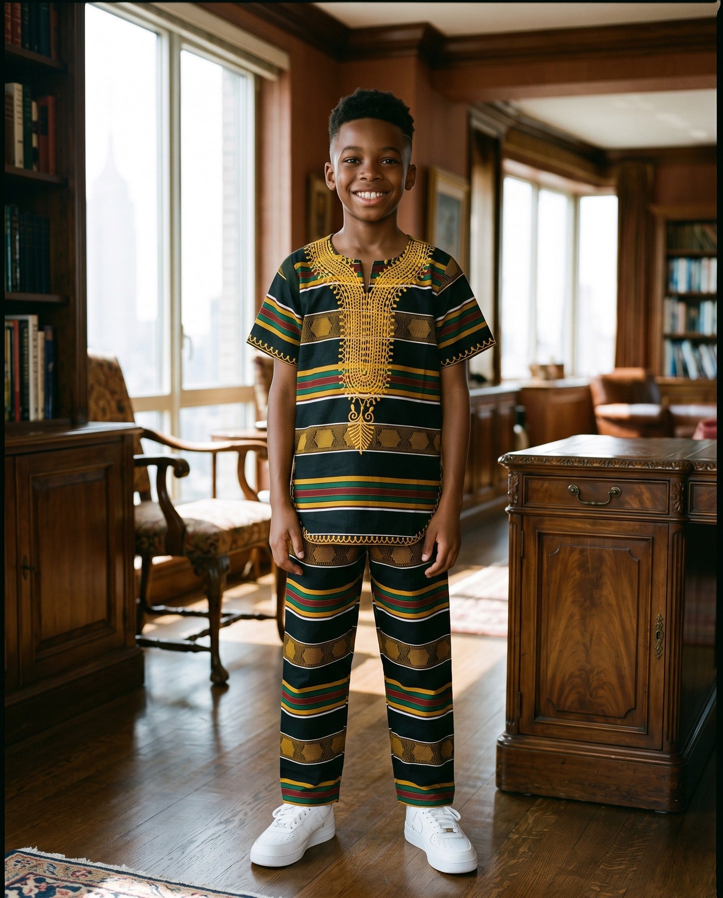 Boys Black Kente African Print Shirt & Pants Set (Ages 2–14)