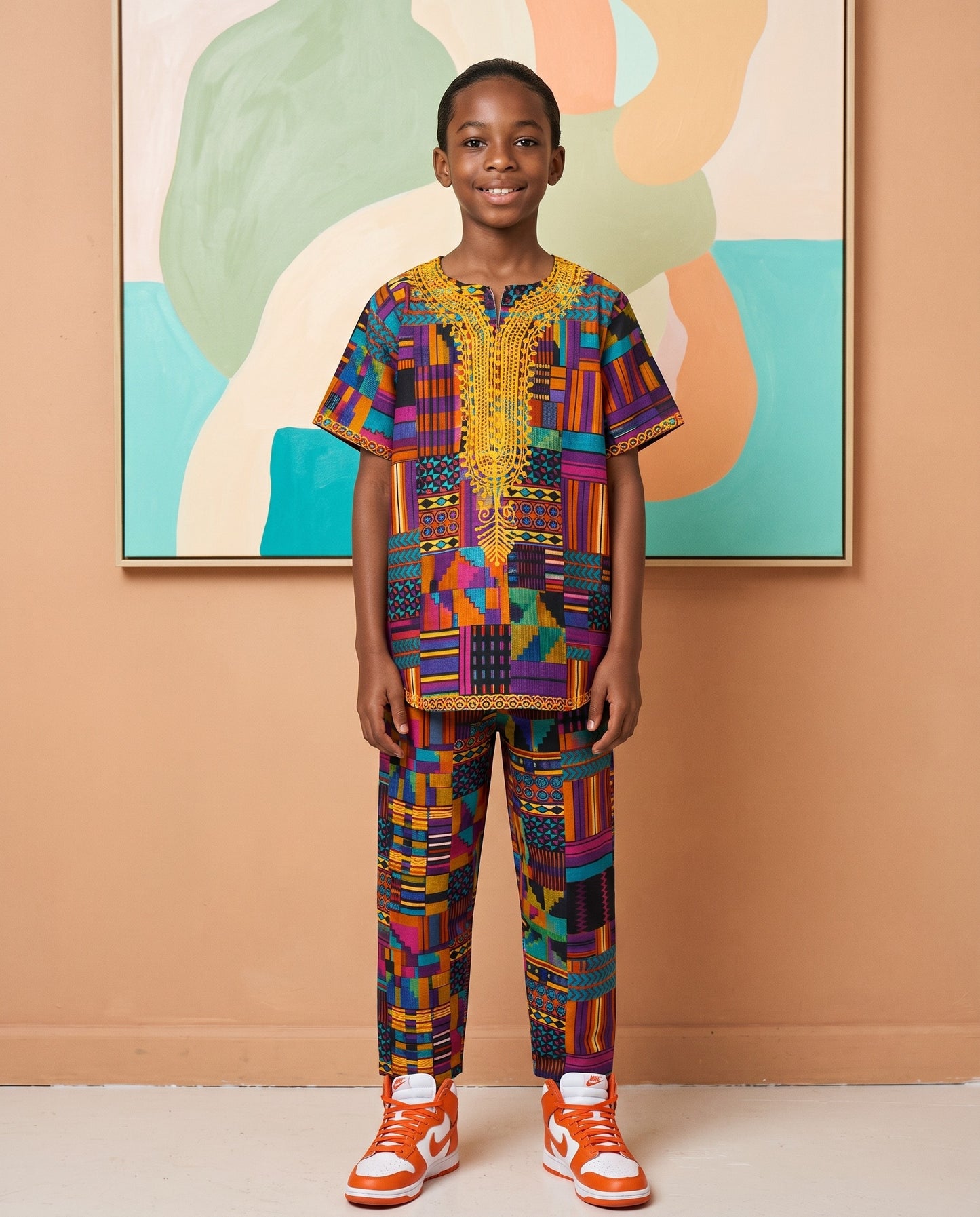 Boys Purple Kente African Print Shirt & Pants Set (Ages 2–14)