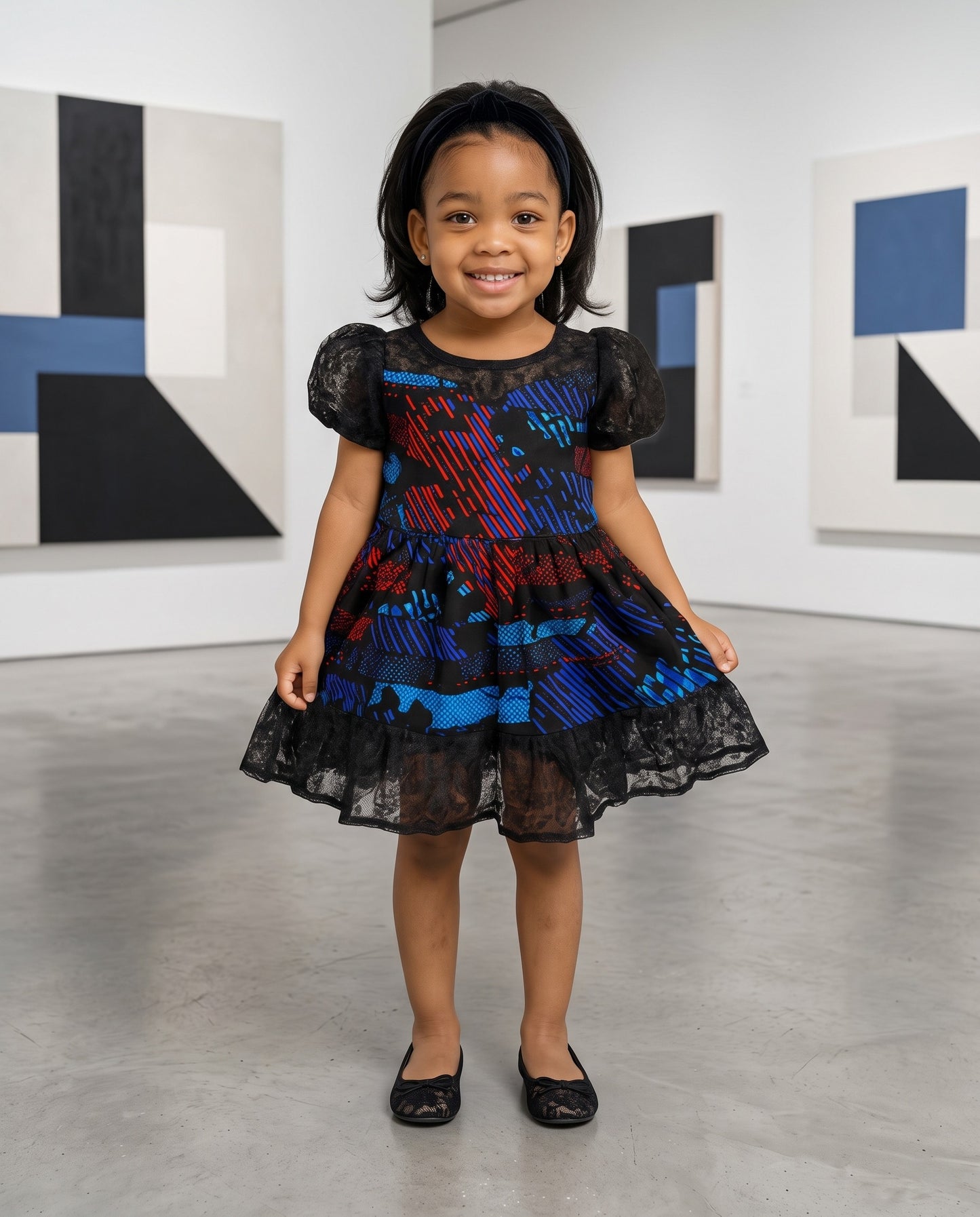 Girls Dark Blue Puff Sleeve Tulle Overlay African Print Dress (Ages 2–12)