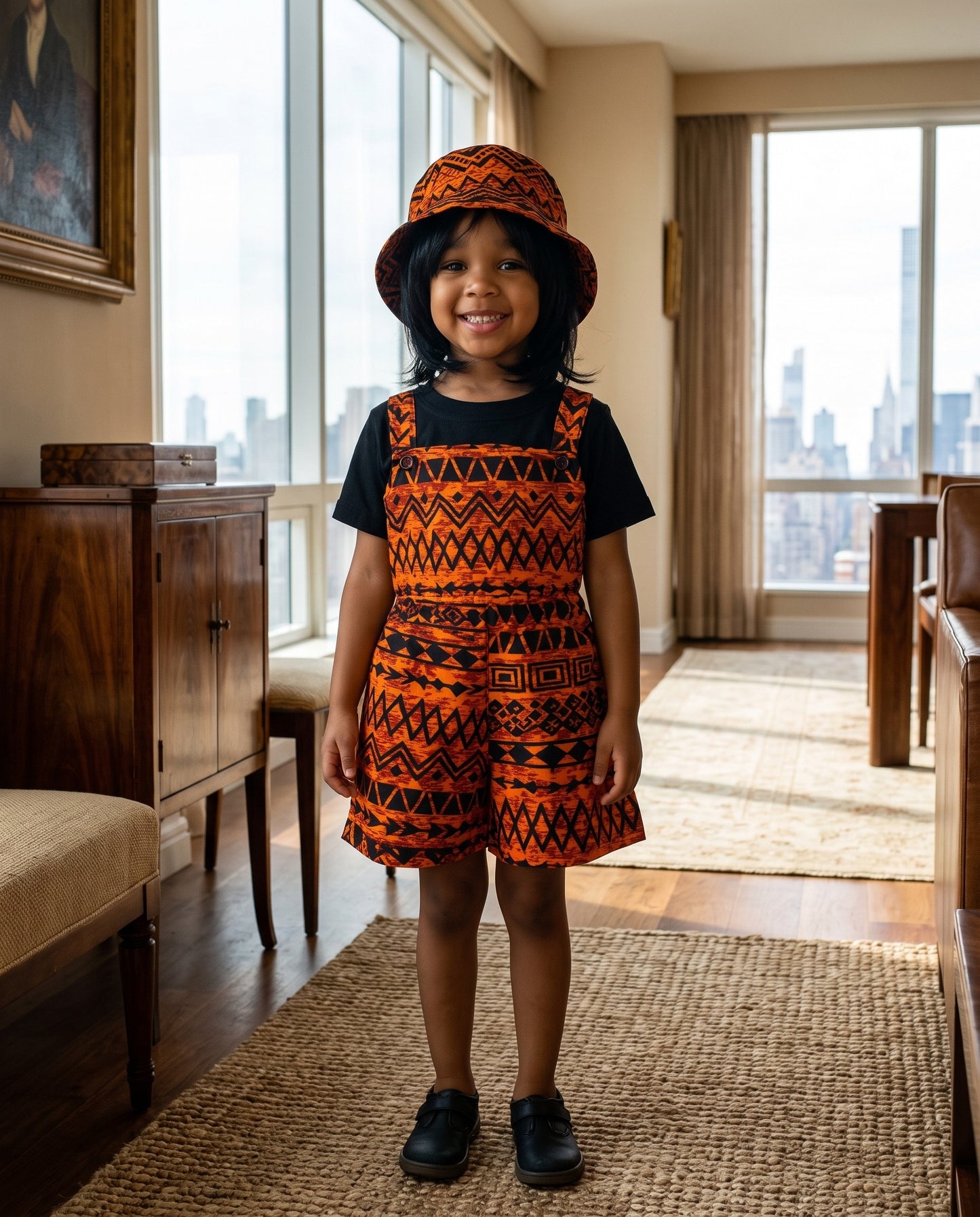 Girls Orange African Print Pinafore Romper + Hat Set (Ages 2–12)