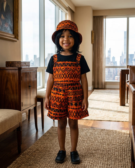 Girls Orange African Print Pinafore Romper + Hat Set (Ages 2–12)