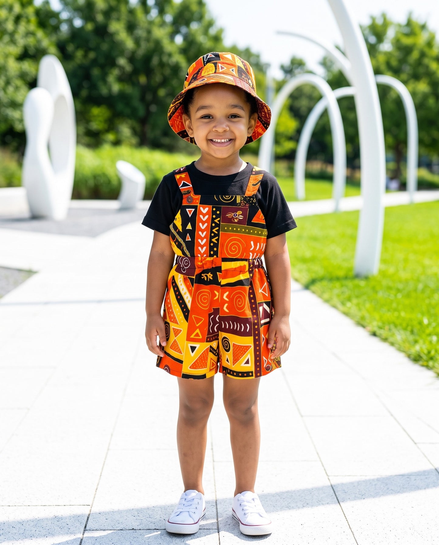 Girls Pinafore African Print Romper + Hat Set (Ages 2–12)