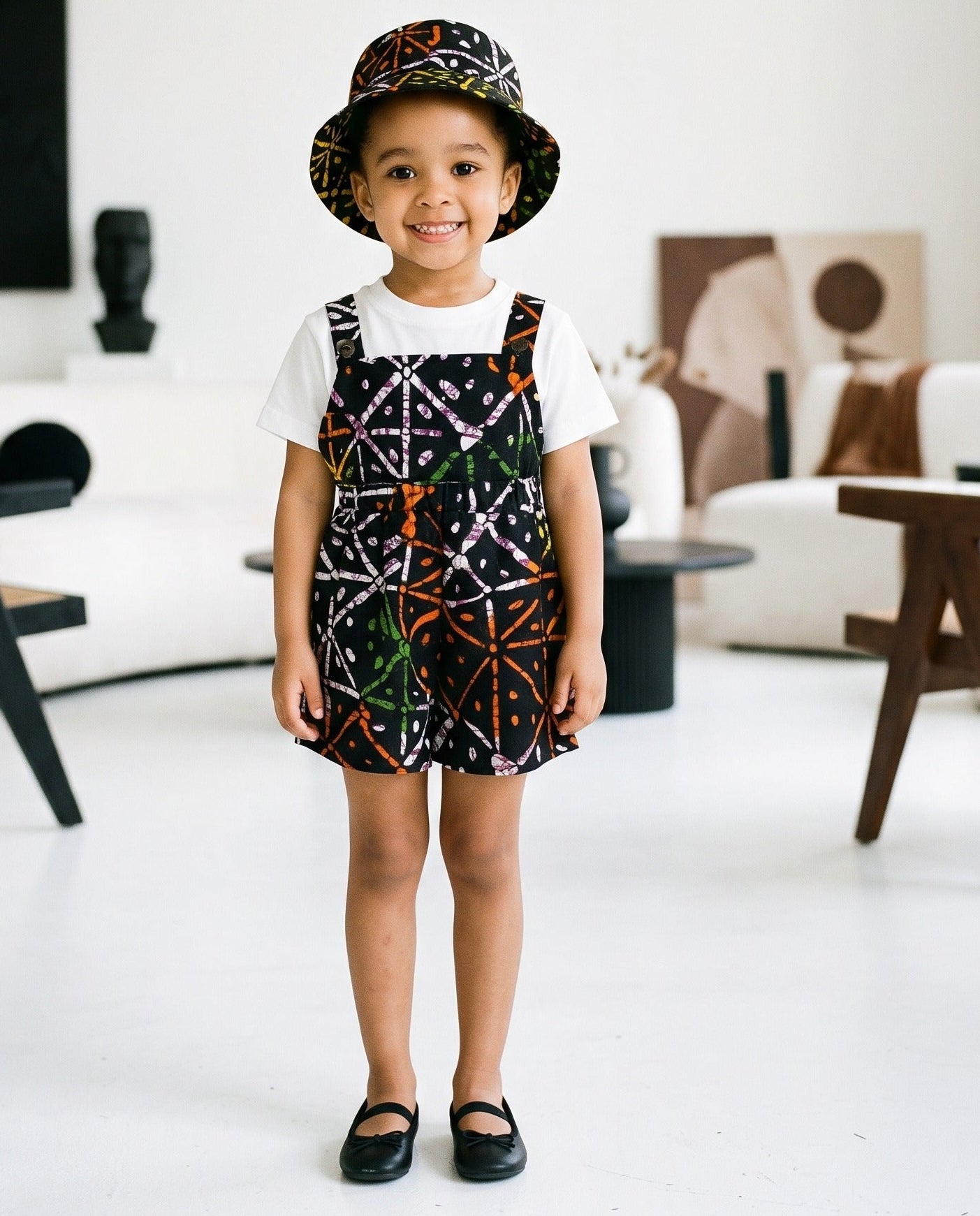 Girls Fireworks African Print Pinafore Romper + Hat Set (Ages 2–12)