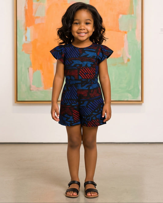 Girls Blue African Print Pinafore Romper (Ages 2–12)