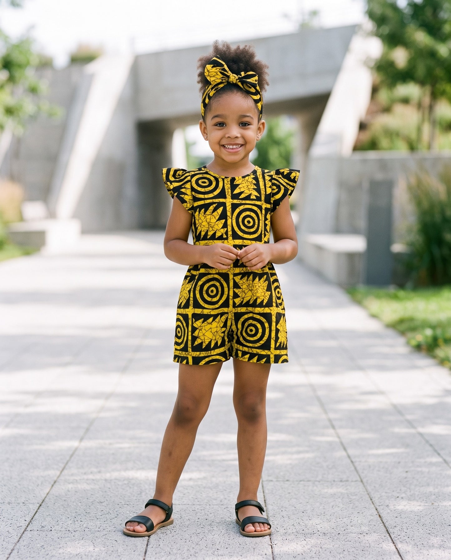 Girls Yellow African Print Pinafore Romper (Ages 2–12)