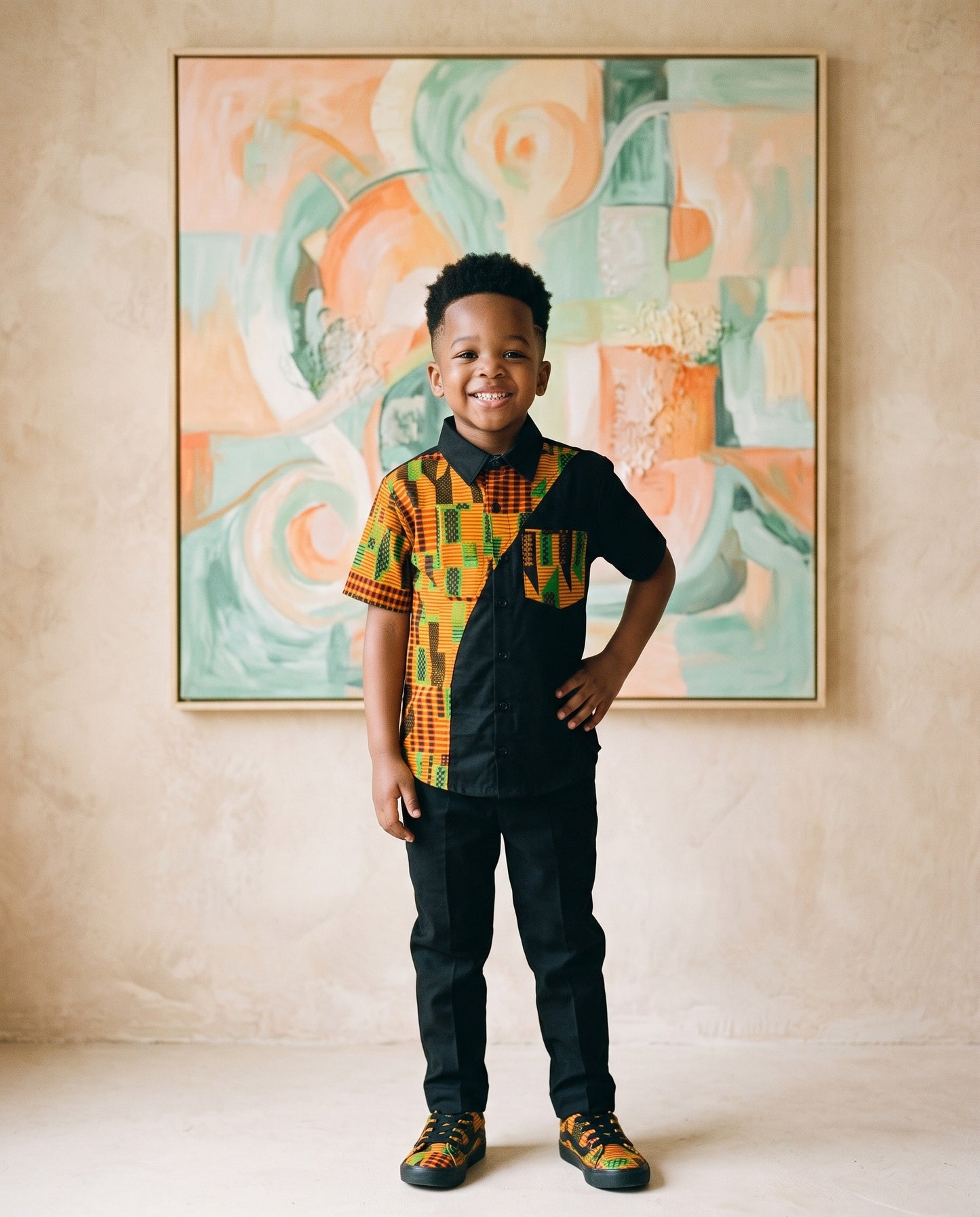 Boys African Orange Kente Print Shirt (Ages 2–14)