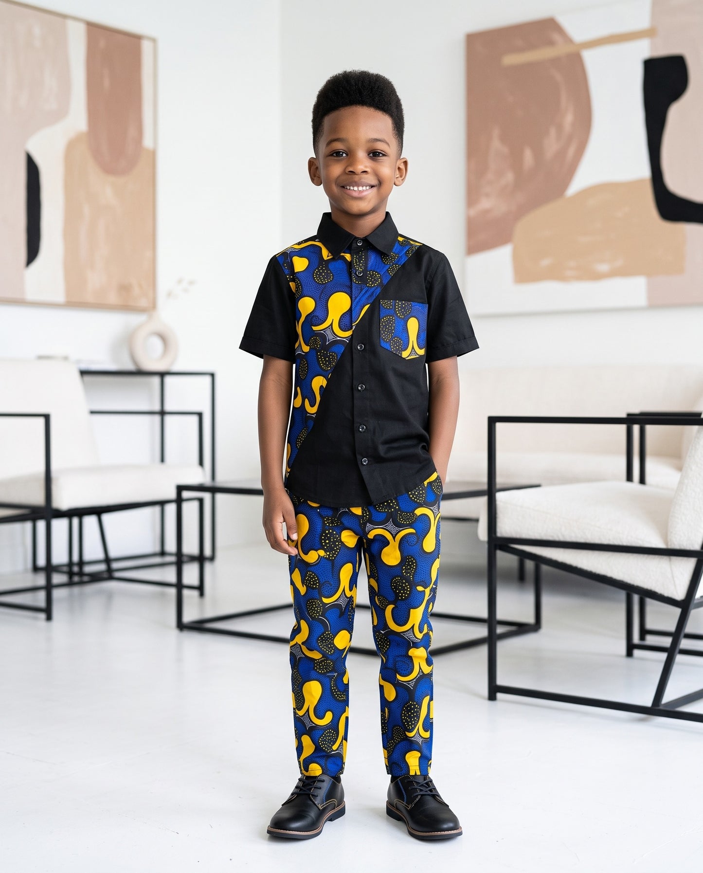 Boys African Blue Yellow Print Shirt (Ages 2–14)