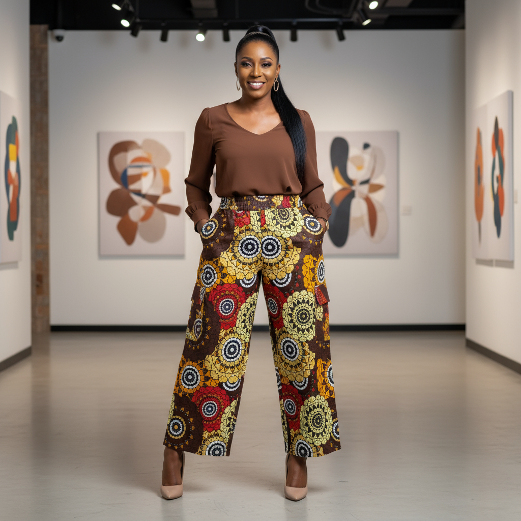 Woman wearing a brown top and colorful patterned pants in an art gallery.