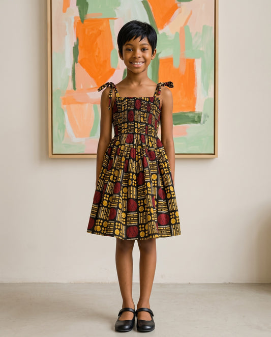 Black, Burgundy, & Gold Girls African Print Tie-Shoulder Dress with Hair Bow