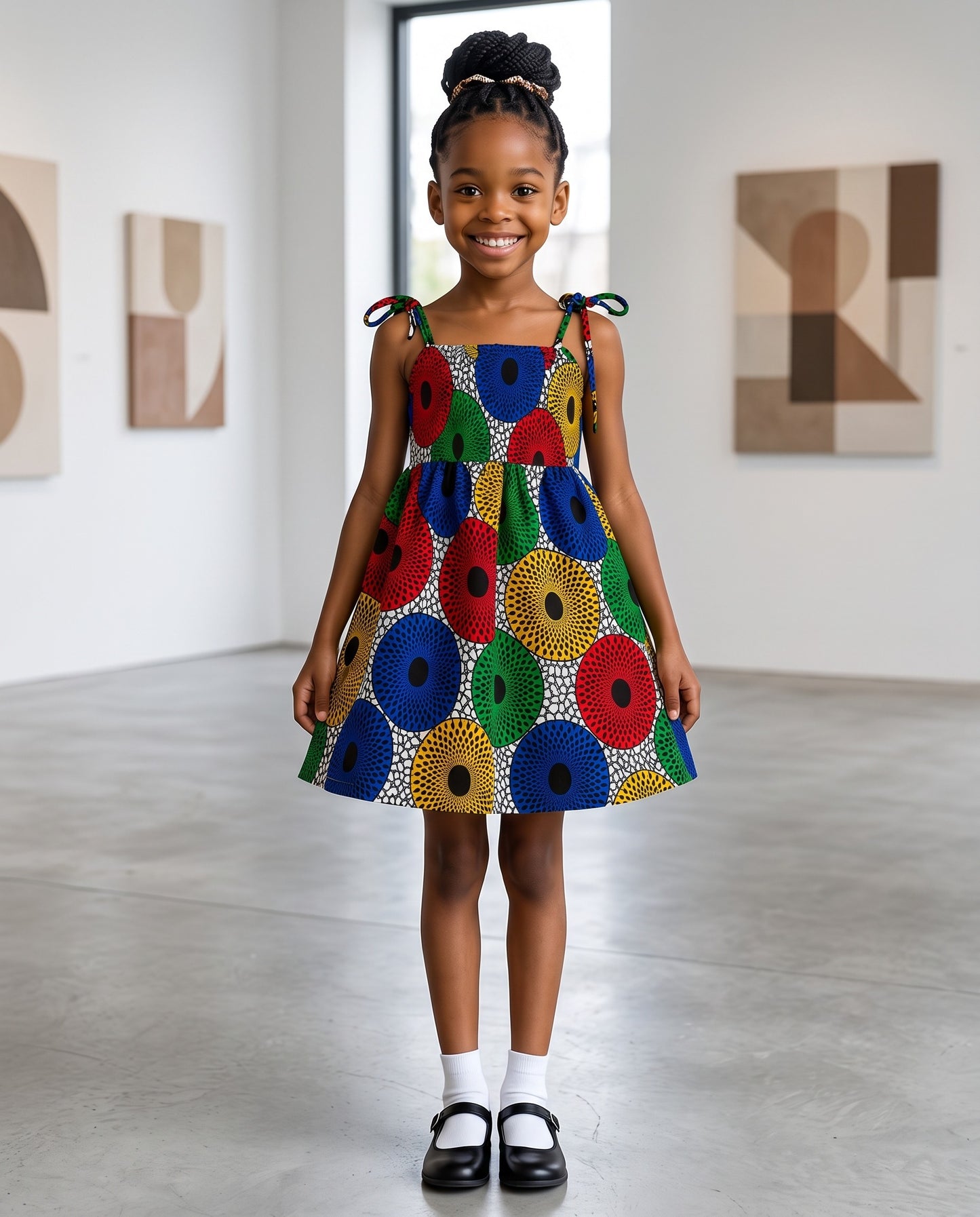 Multicolor Girls African Print Tie-Shoulder Dress with Hair Bow